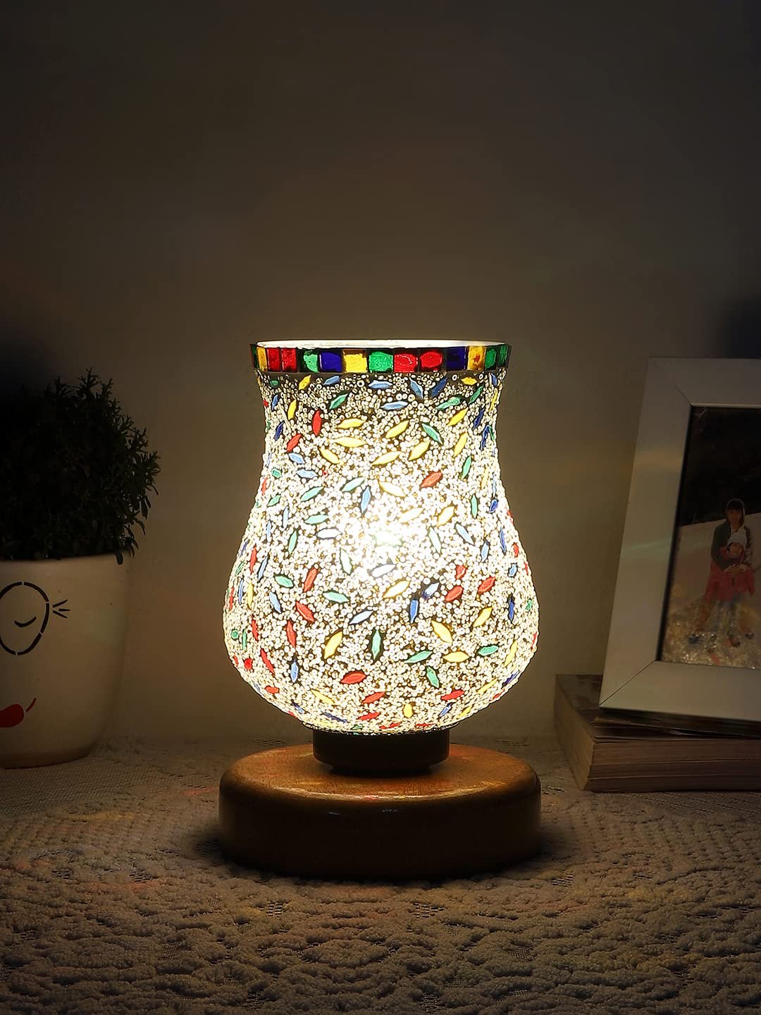 Natural Wood Round Table lamp with Mosaic Glass -FD21