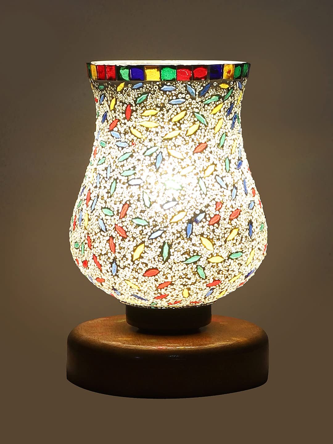 Natural Wood Round Table lamp with Mosaic Glass -FD21