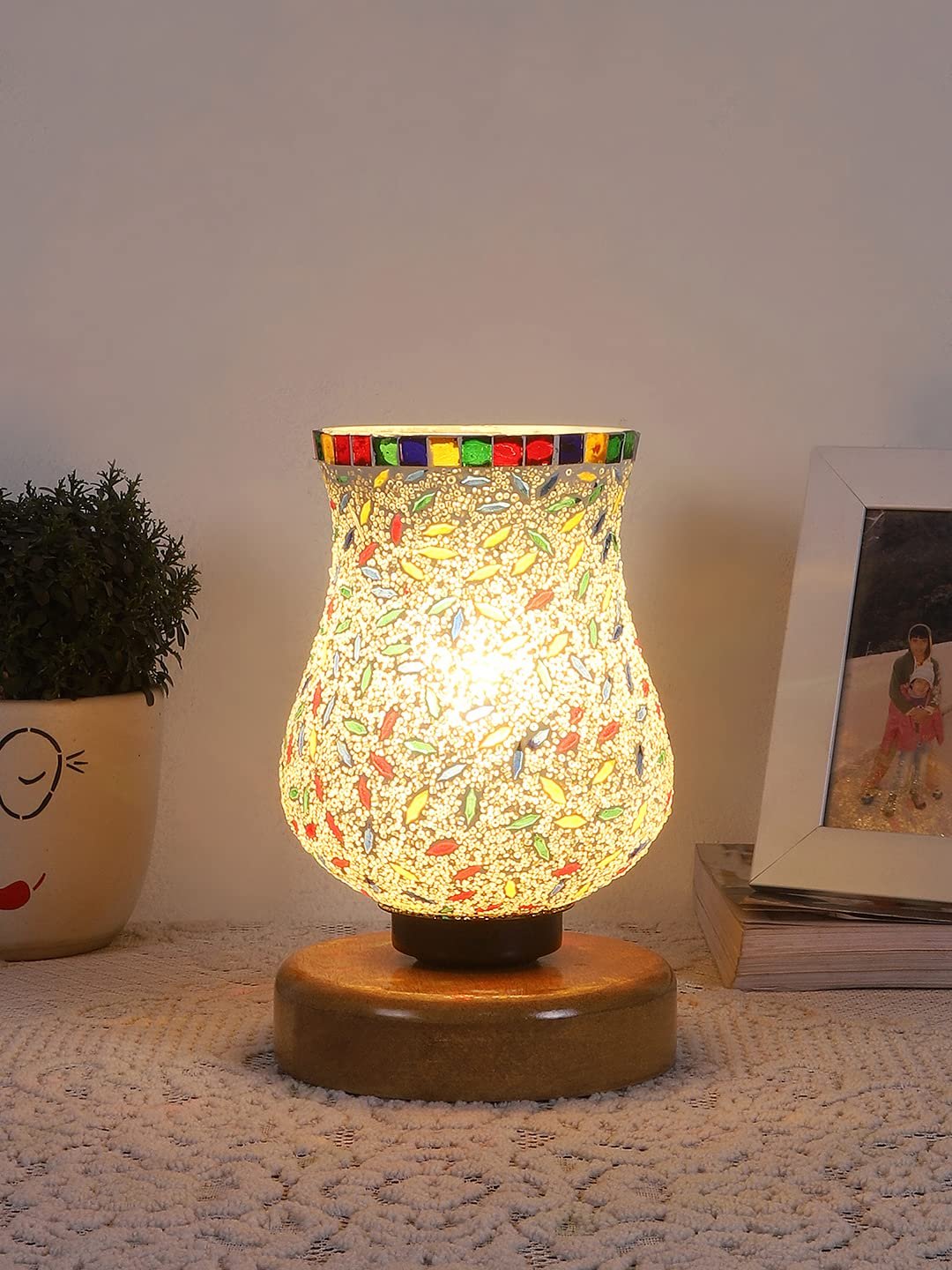Natural Wood Round Table lamp with Mosaic Glass -FD21