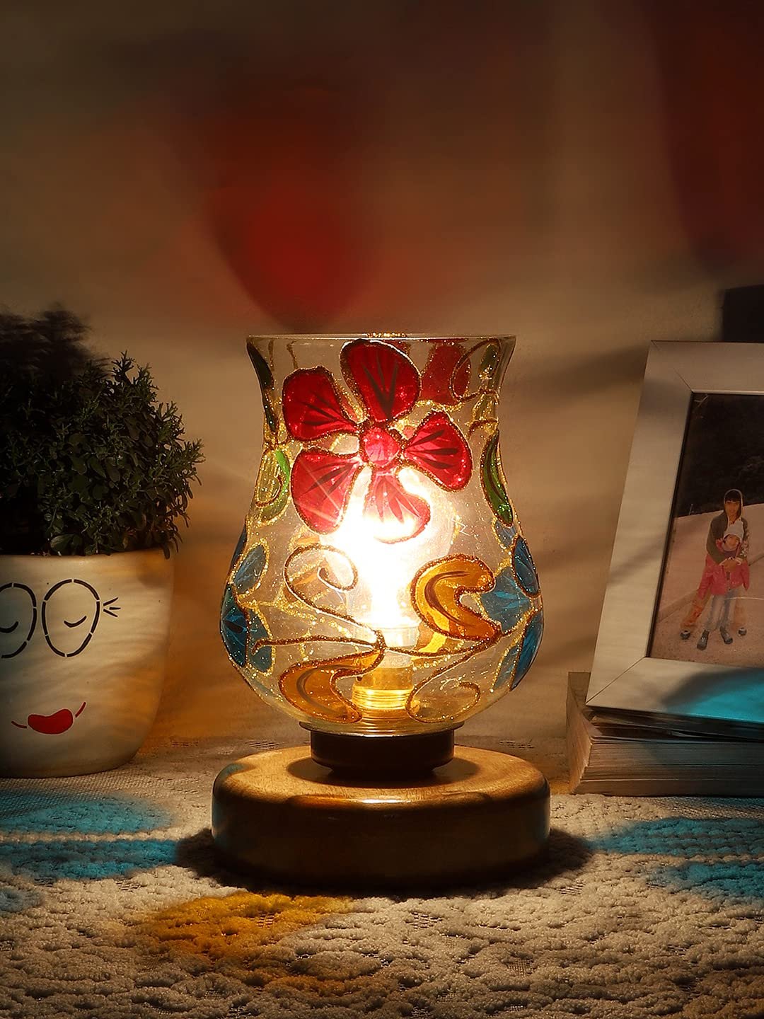 Natural Wood Round Table lamp with Mosaic Glass -FD22