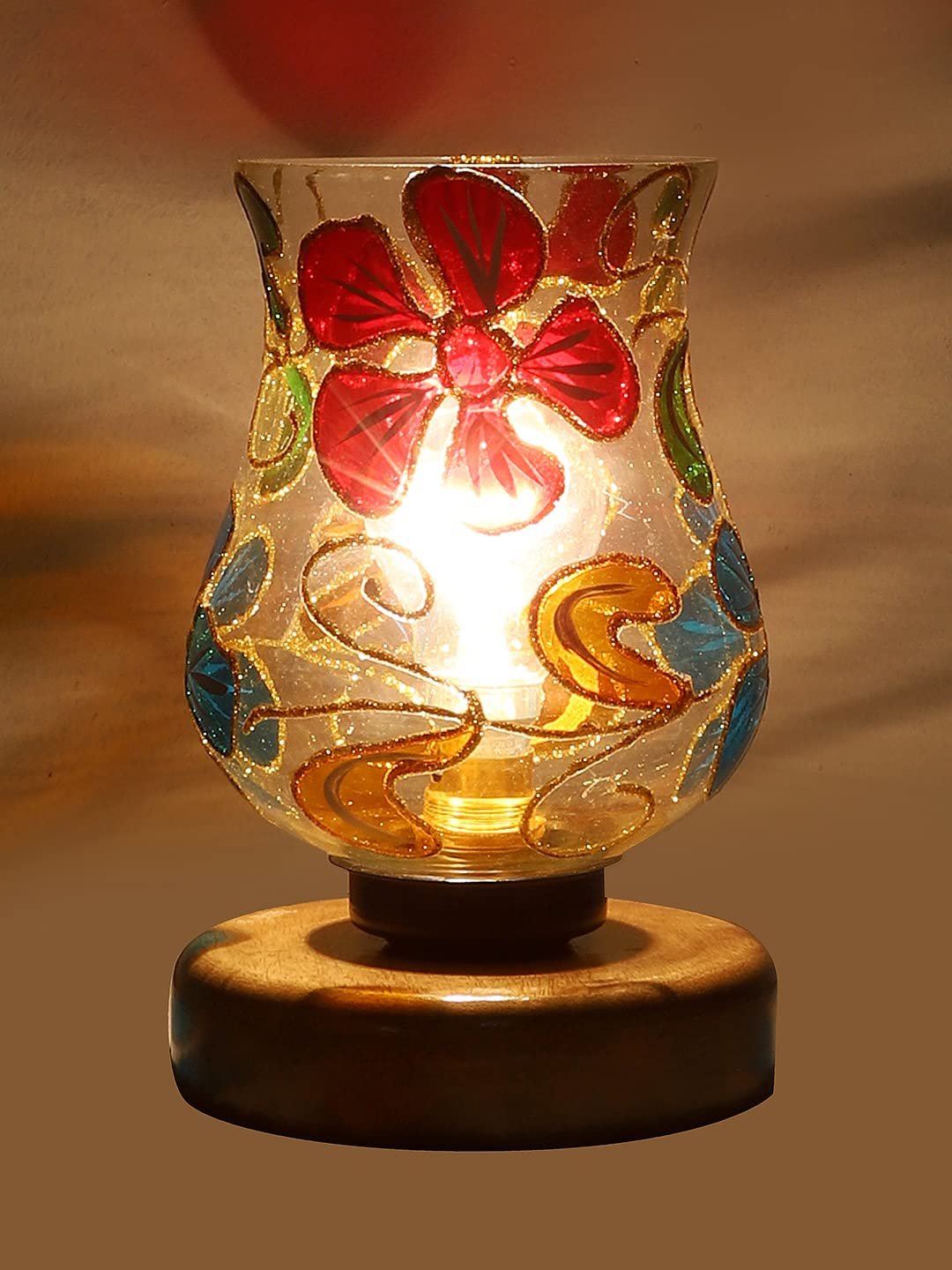 Natural Wood Round Table lamp with Mosaic Glass -FD22