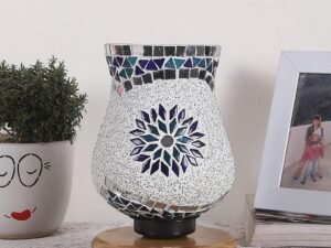 Natural Wood Round Table lamp with Mosaic Glass -FD23
