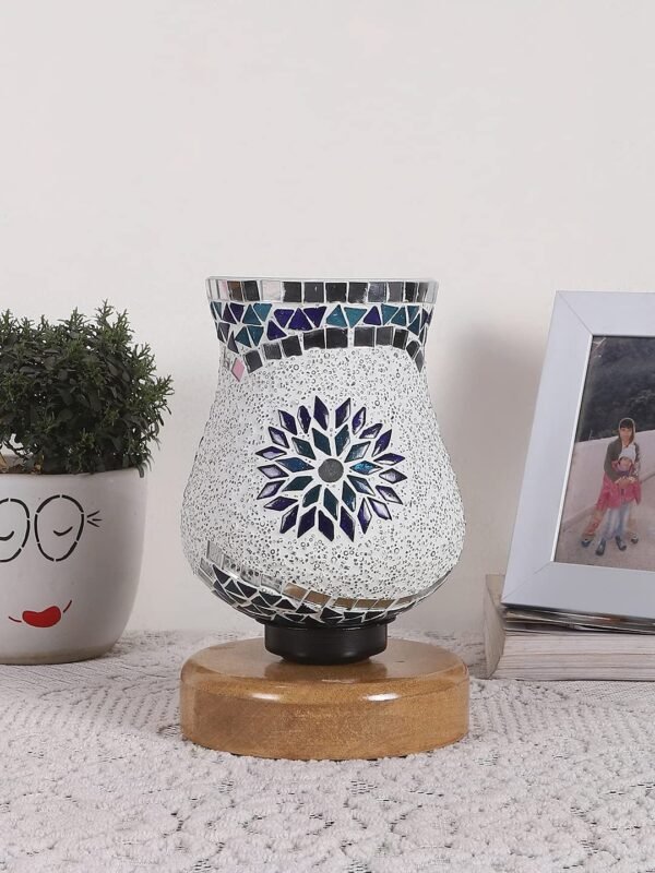 Natural Wood Round Table lamp with Mosaic Glass -FD23