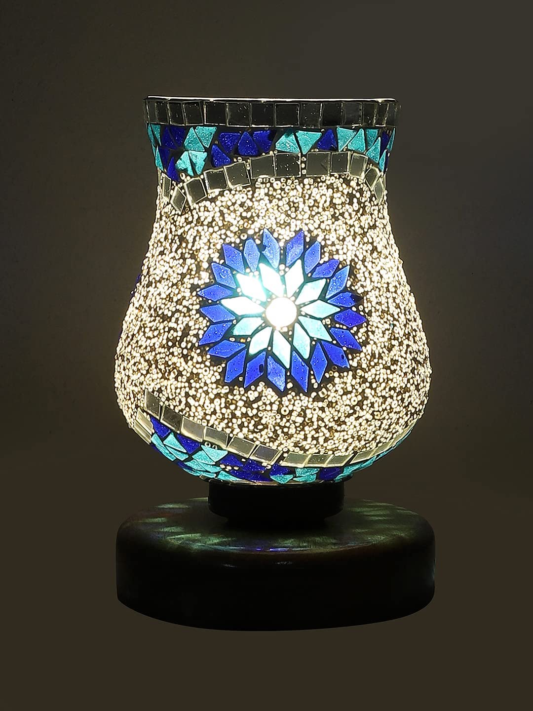 Natural Wood Round Table lamp with Mosaic Glass -FD23