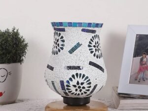 Natural Wood Round Table lamp with Mosaic Glass -FD24