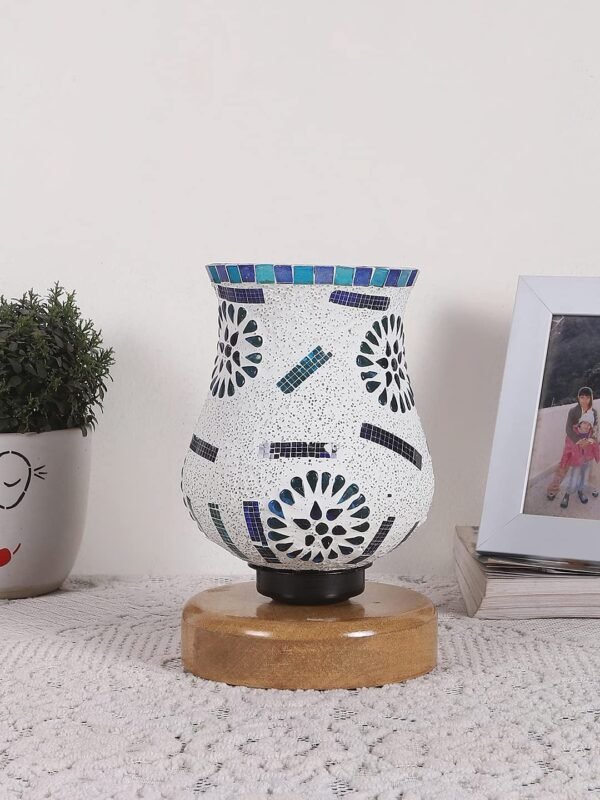 Natural Wood Round Table lamp with Mosaic Glass -FD24