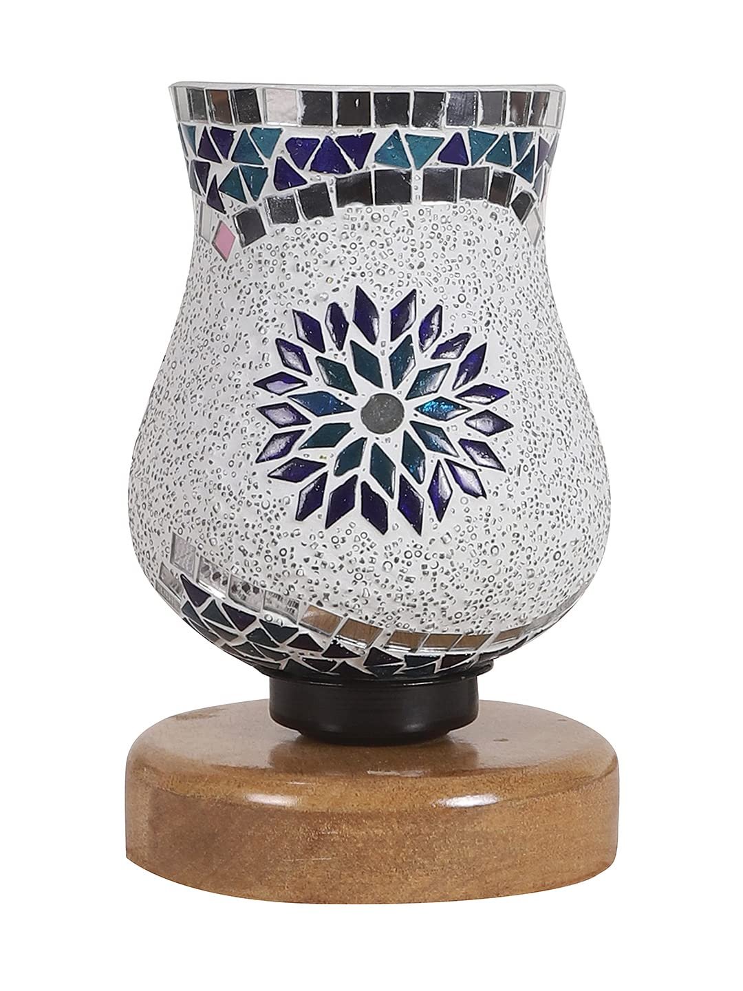 Natural Wood Round Table lamp with Mosaic Glass -FD24