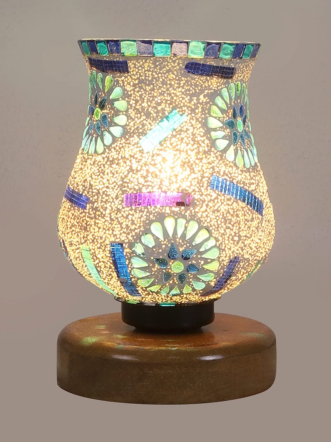 Natural Wood Round Table lamp with Mosaic Glass -FD24