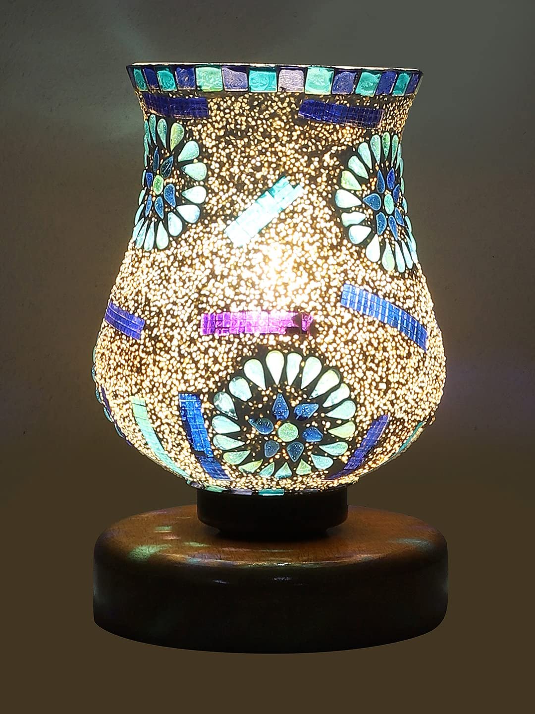 Natural Wood Round Table lamp with Mosaic Glass -FD24
