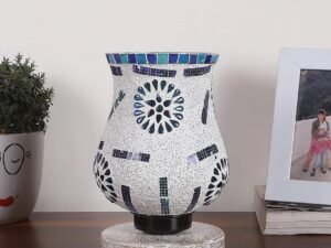 White Brushed Wood Round Table lamp with Mosaic Glass FD25