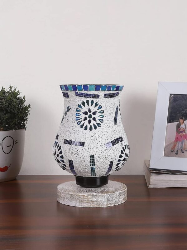 White Brushed Wood Round Table lamp with Mosaic Glass FD25