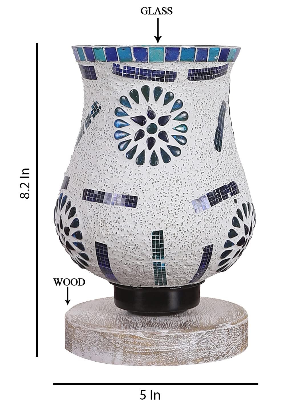 White Brushed Wood Round Table lamp with Mosaic Glass FD25