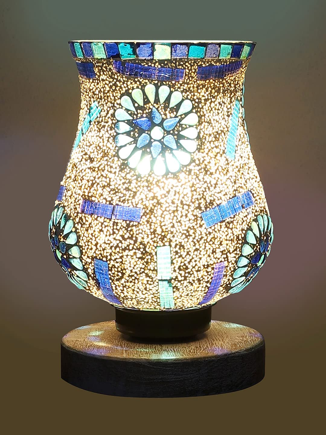 White Brushed Wood Round Table lamp with Mosaic Glass FD25