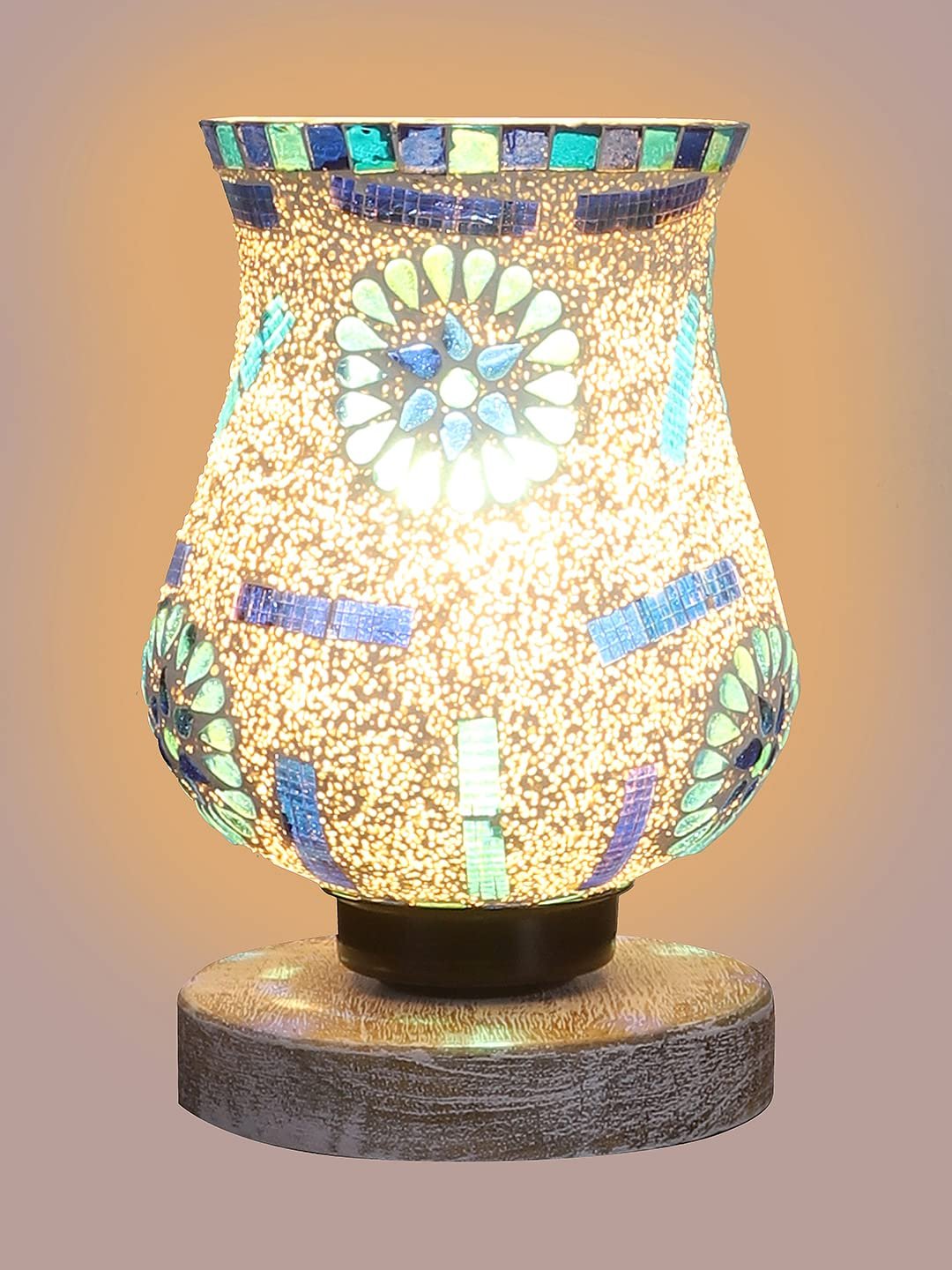 White Brushed Wood Round Table lamp with Mosaic Glass FD25