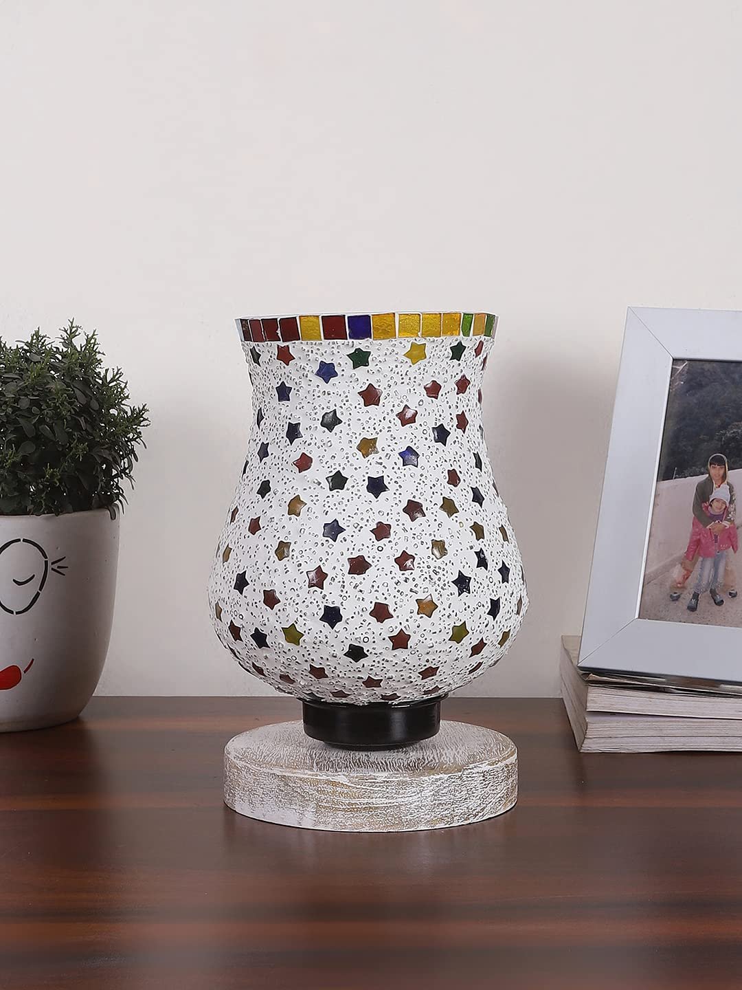 White Brushed Wood Round Table lamp with Mosaic Glass -FD26