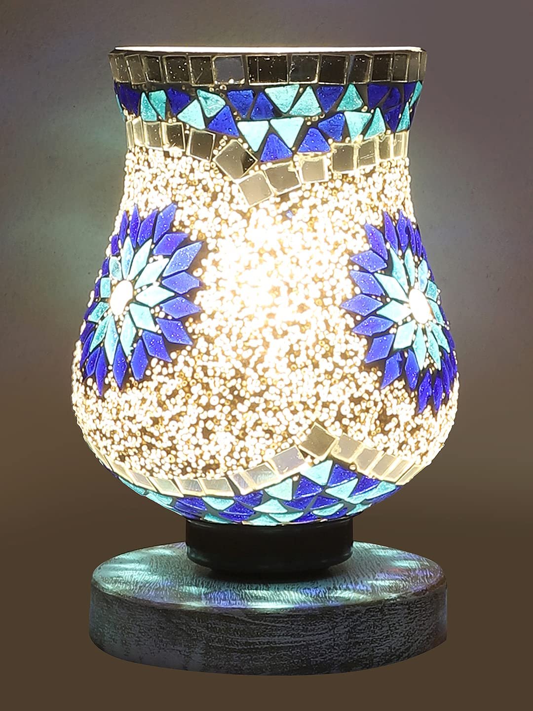 White Brushed Wood Round Table lamp with Mosaic Glass -FD27