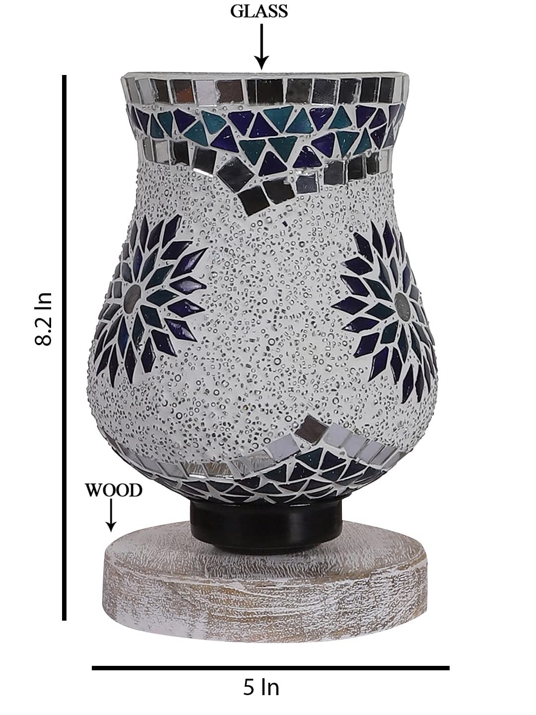 White Brushed Wood Round Table lamp with Mosaic Glass -FD27