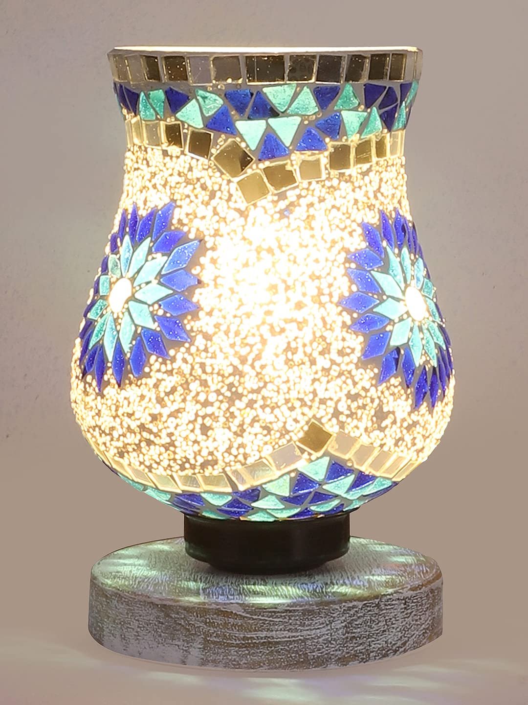 White Brushed Wood Round Table lamp with Mosaic Glass -FD27