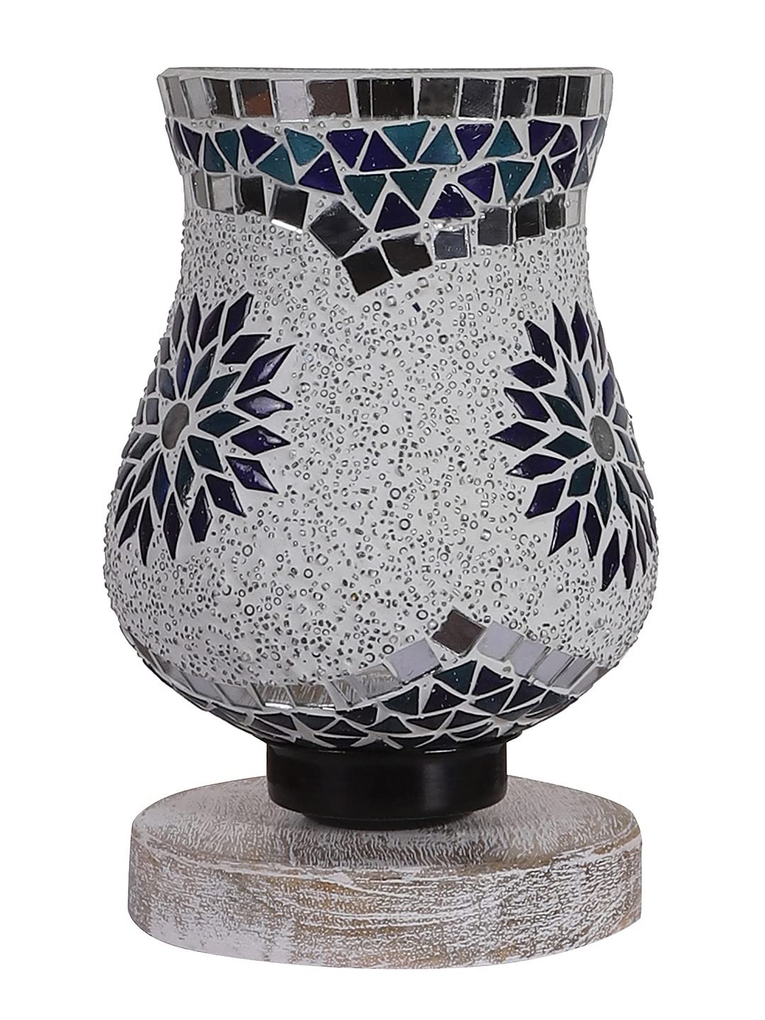 White Brushed Wood Round Table lamp with Mosaic Glass -FD27