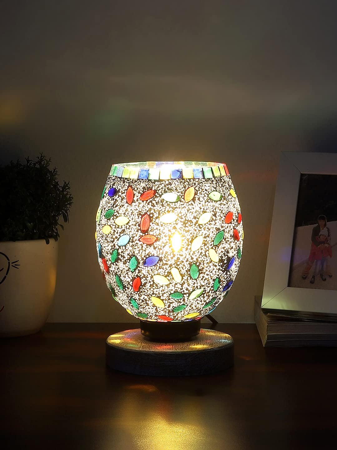 White Brushed Wood Round Table lamp with Mosaic Glass -FD28