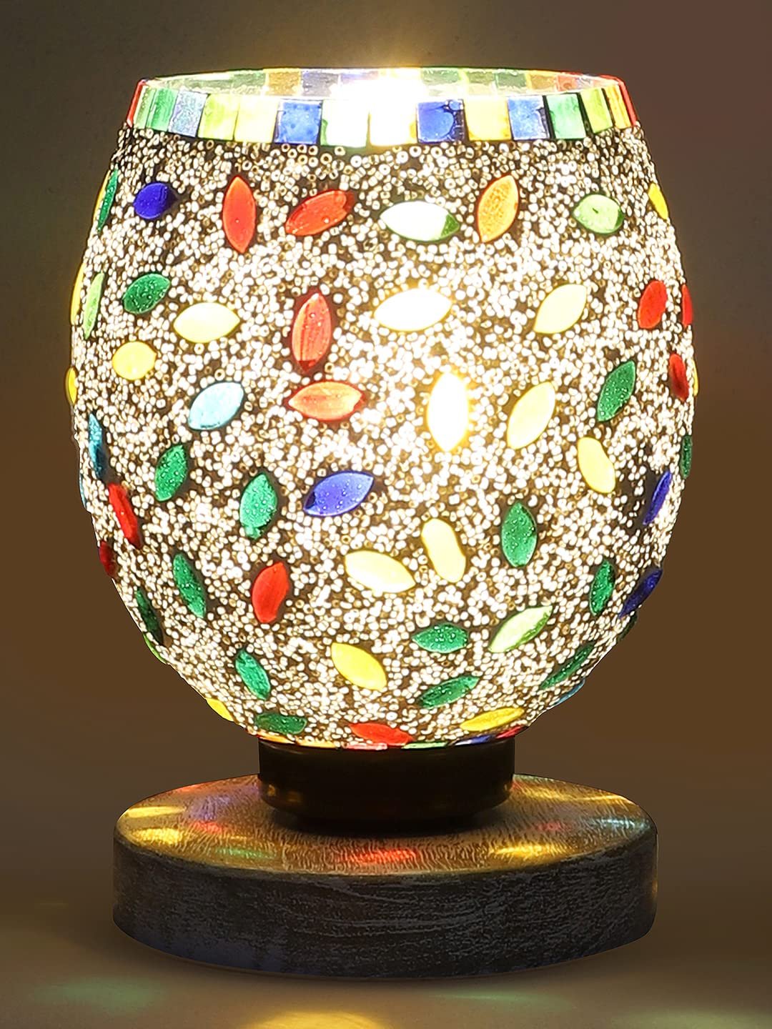 White Brushed Wood Round Table lamp with Mosaic Glass -FD28