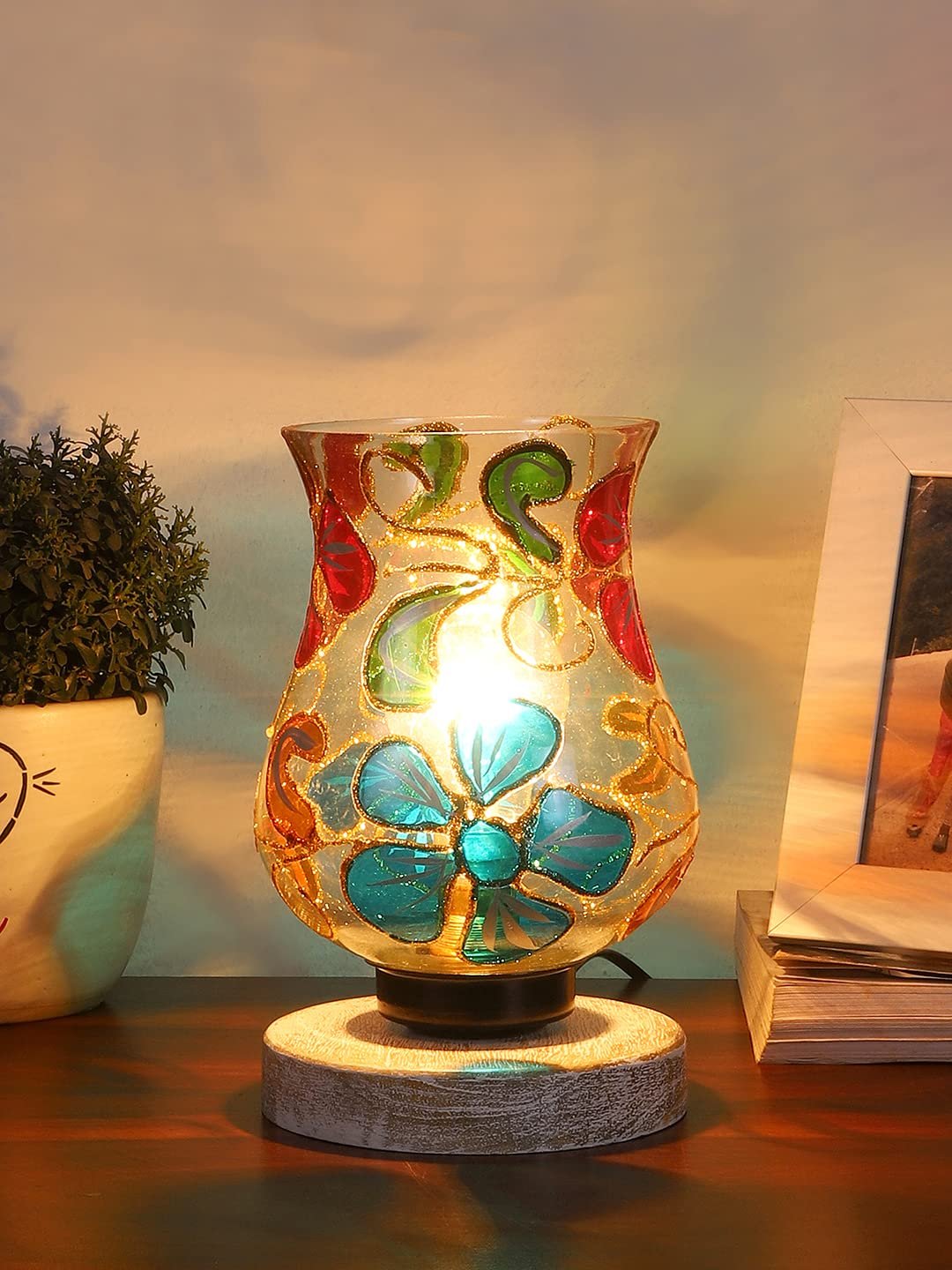 White Brushed Wood Round Table lamp with Mosaic Glass -FD30