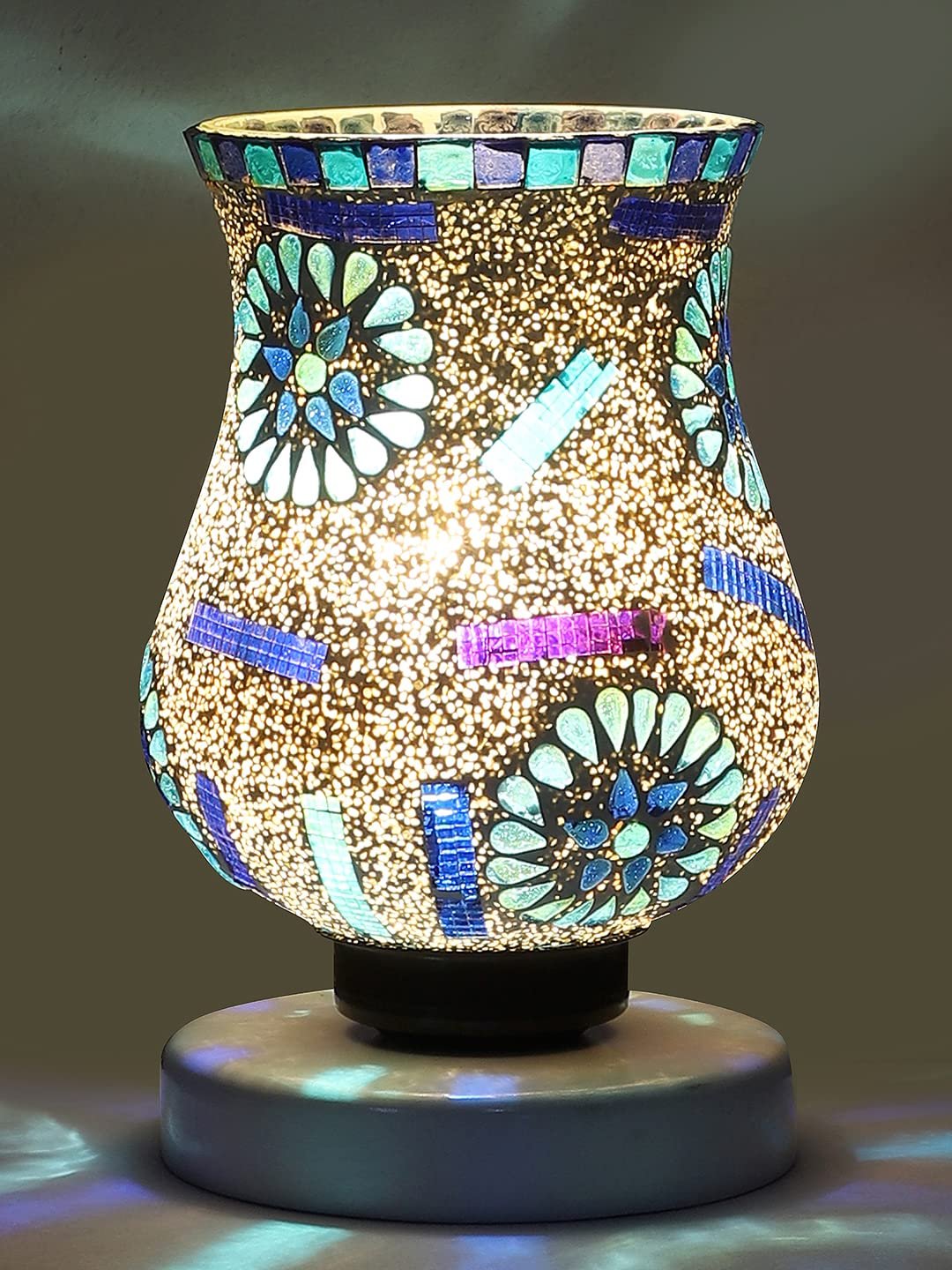 White Wood Round Table lamp with Mosaic Glass -FD31