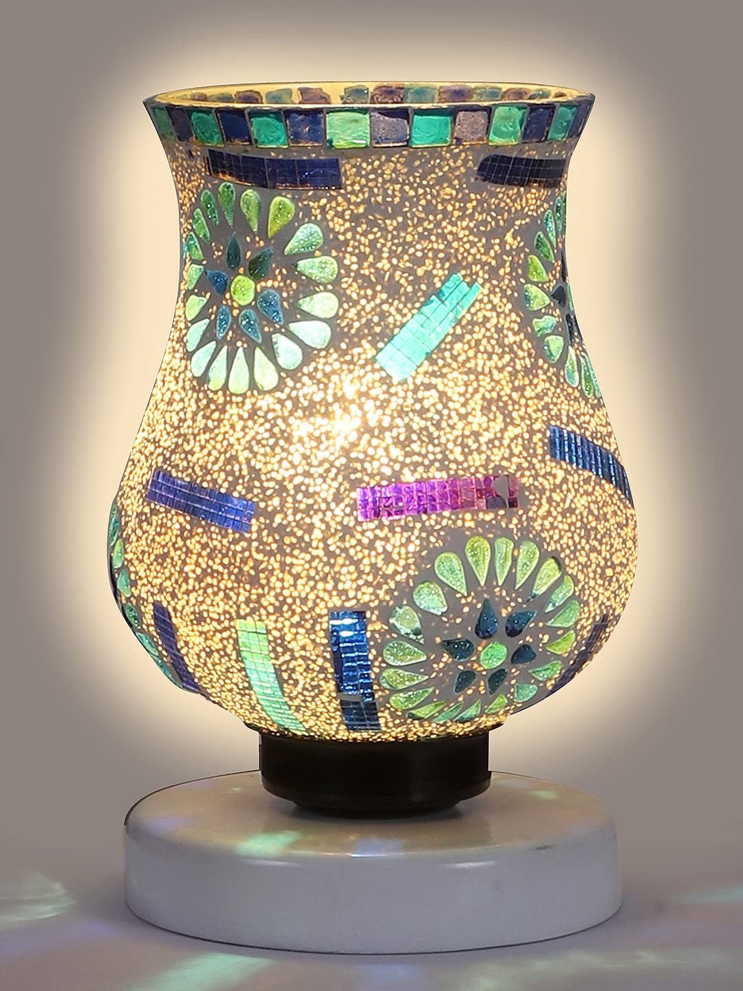 White Wood Round Table lamp with Mosaic Glass -FD31