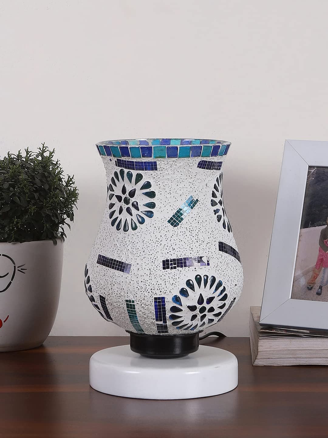 White Wood Round Table lamp with Mosaic Glass -FD32