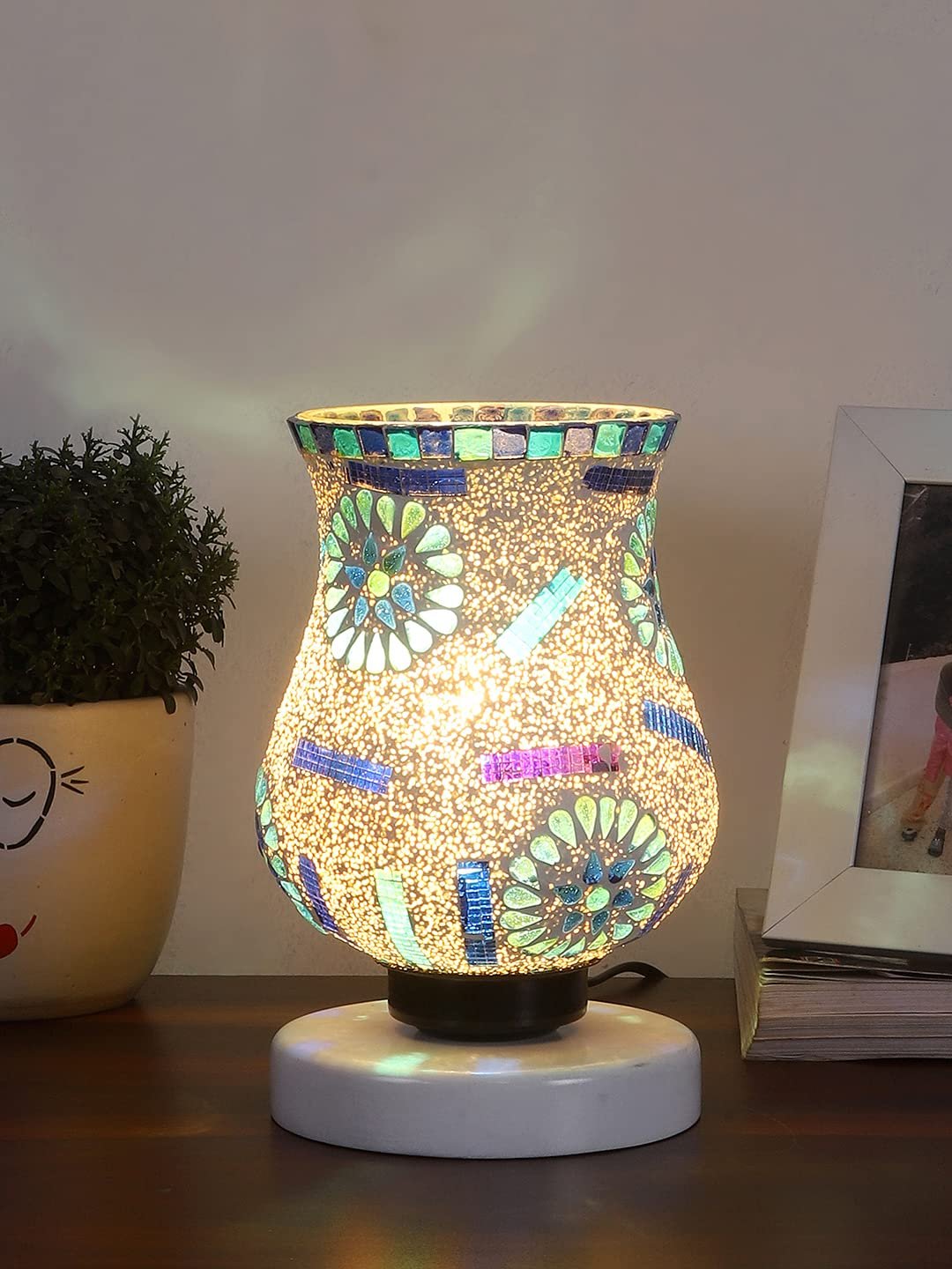 White Wood Round Table lamp with Mosaic Glass -FD32