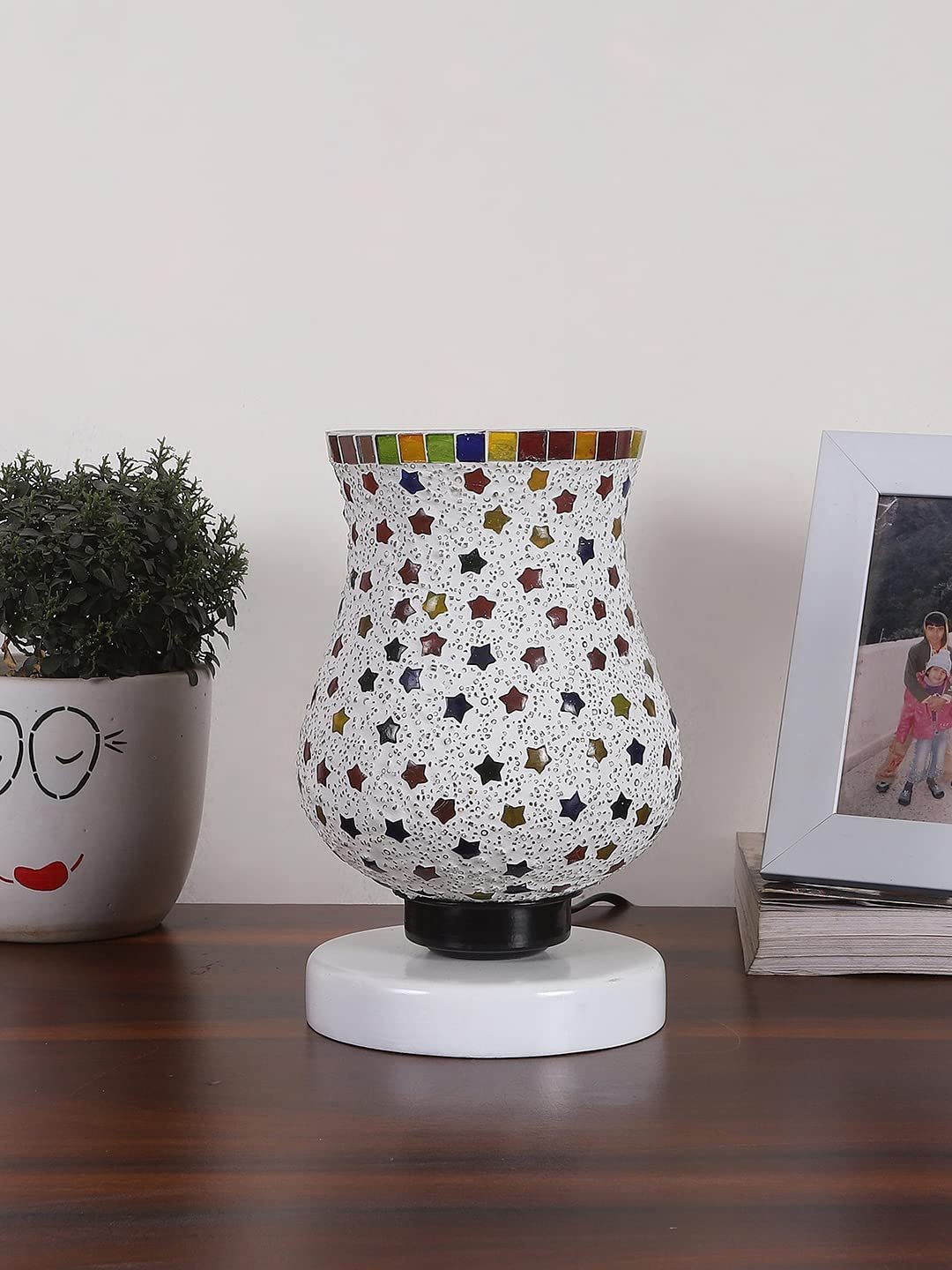 White Wood Round Table lamp with Mosaic Glass -FD33