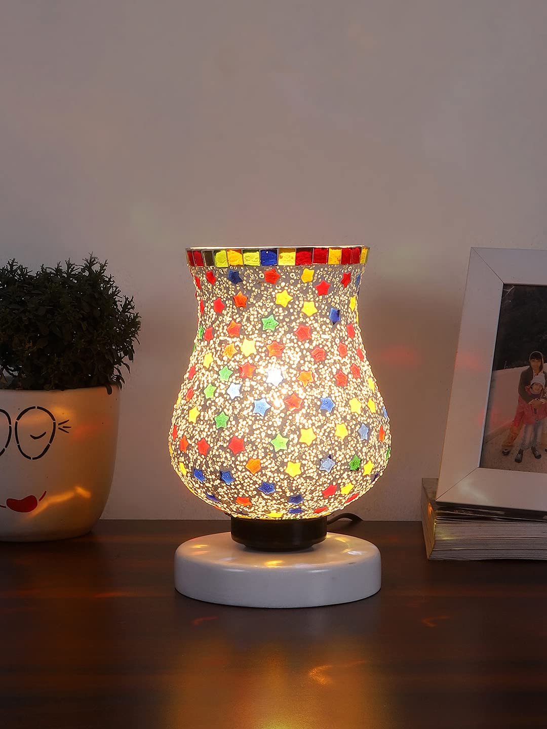 White Wood Round Table lamp with Mosaic Glass -FD33