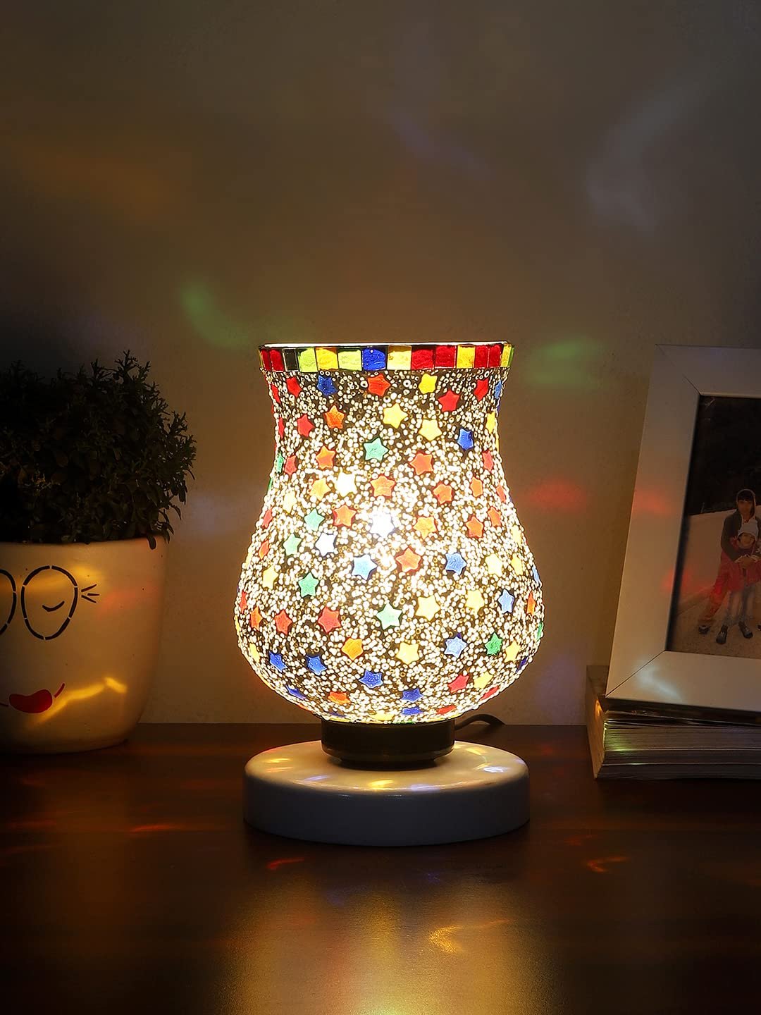 White Wood Round Table lamp with Mosaic Glass -FD33