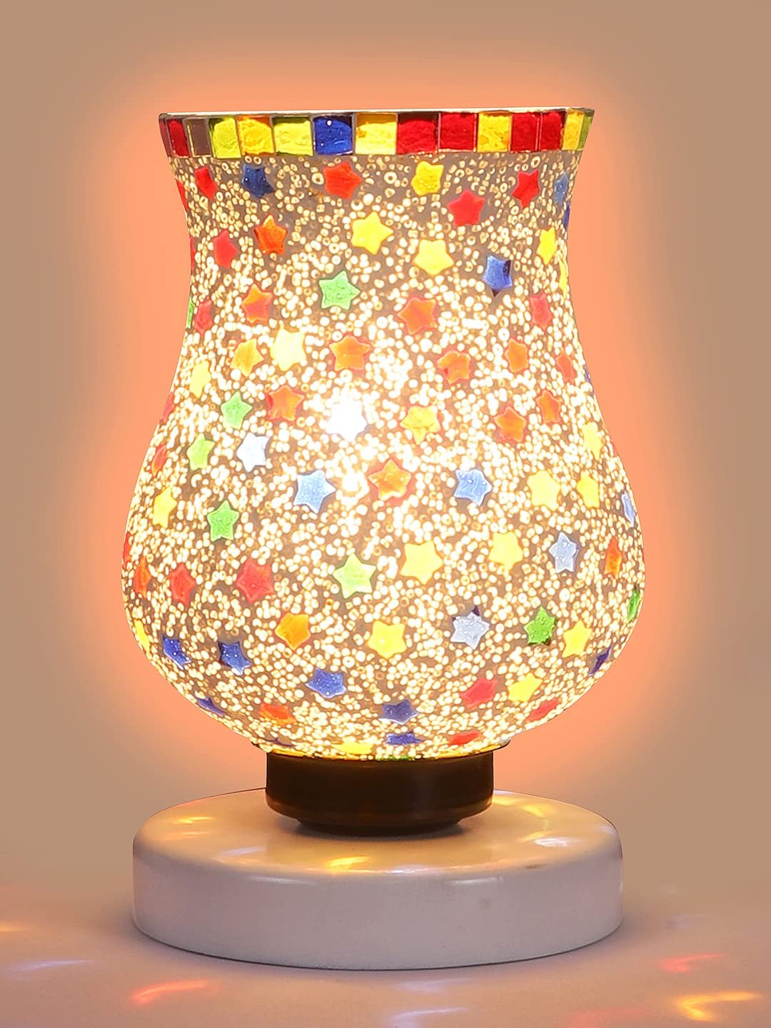 White Wood Round Table lamp with Mosaic Glass -FD33