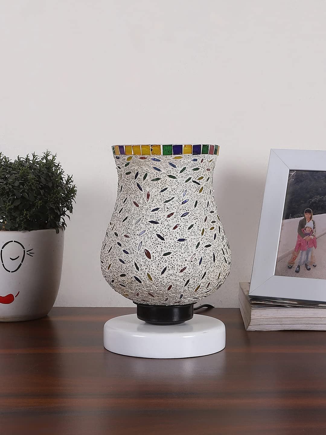 White Wood Round Table lamp with Mosaic Glass -FD34
