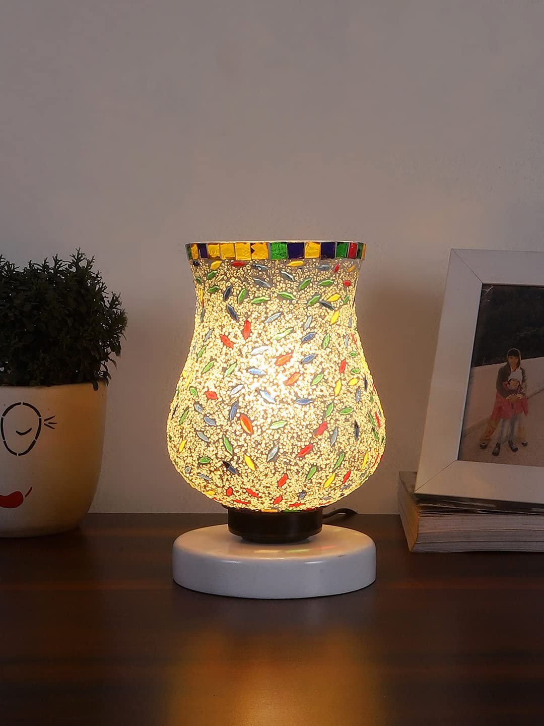 White Wood Round Table lamp with Mosaic Glass -FD34