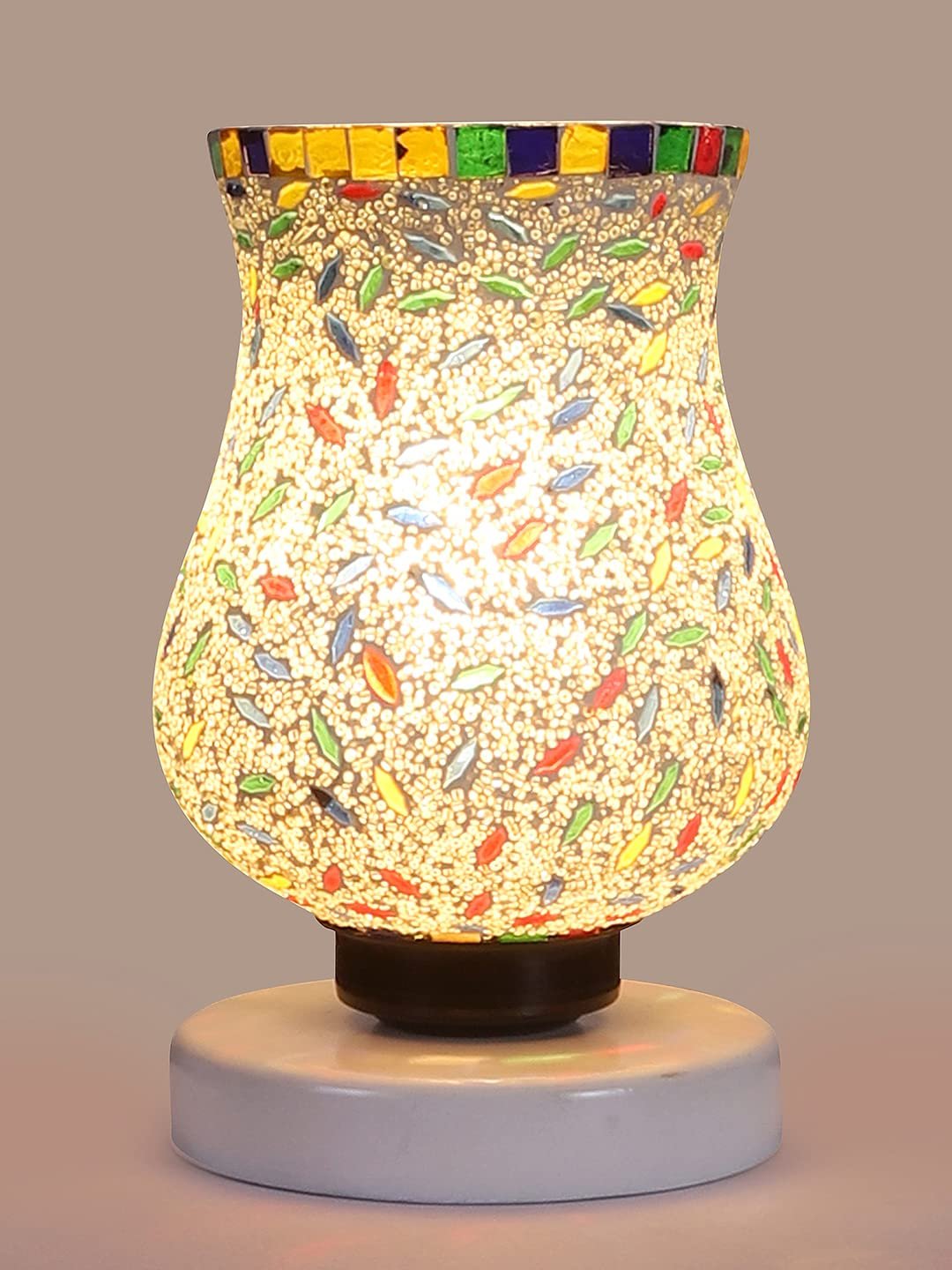 White Wood Round Table lamp with Mosaic Glass -FD34
