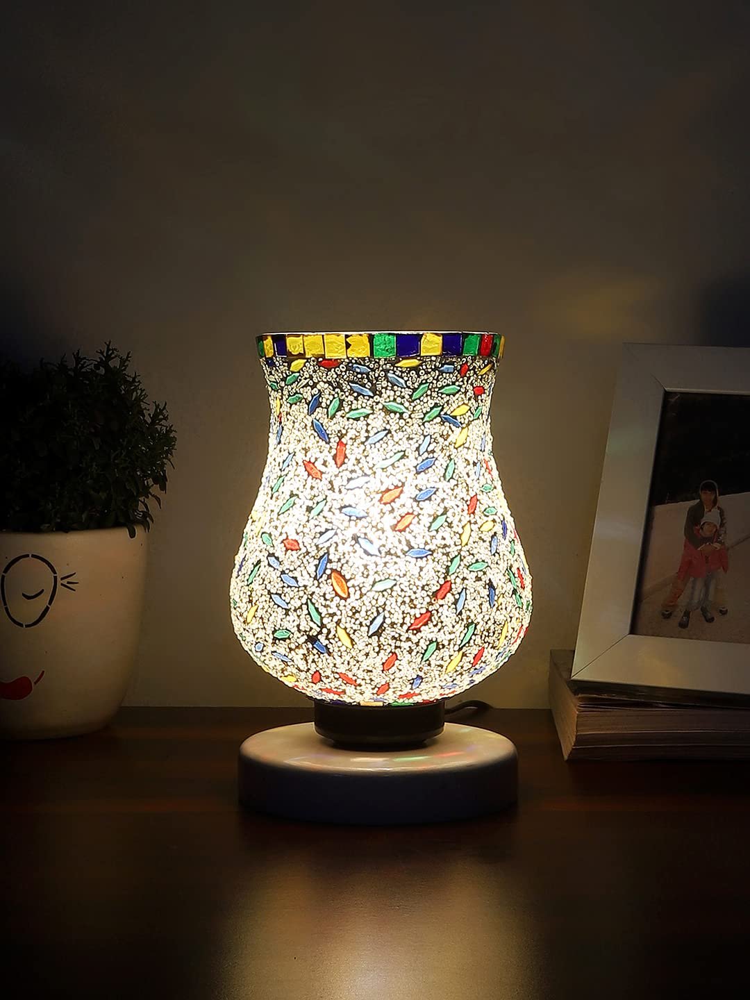 White Wood Round Table lamp with Mosaic Glass -FD34