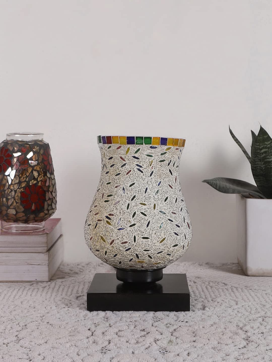 White Wood Round Table lamp with Mosaic Glass -FD35