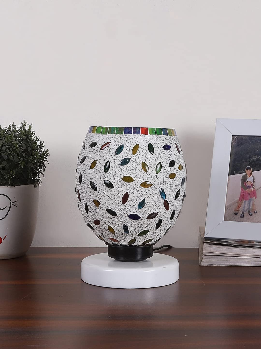 White Wood Round Table lamp with Mosaic Glass -FD36