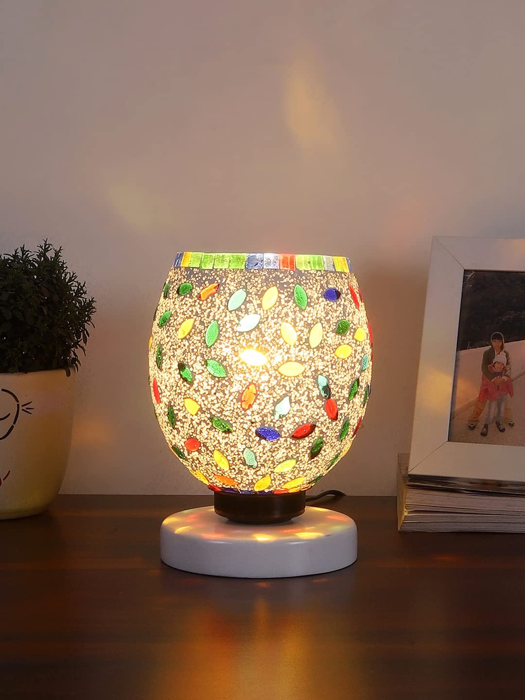 White Wood Round Table lamp with Mosaic Glass -FD36