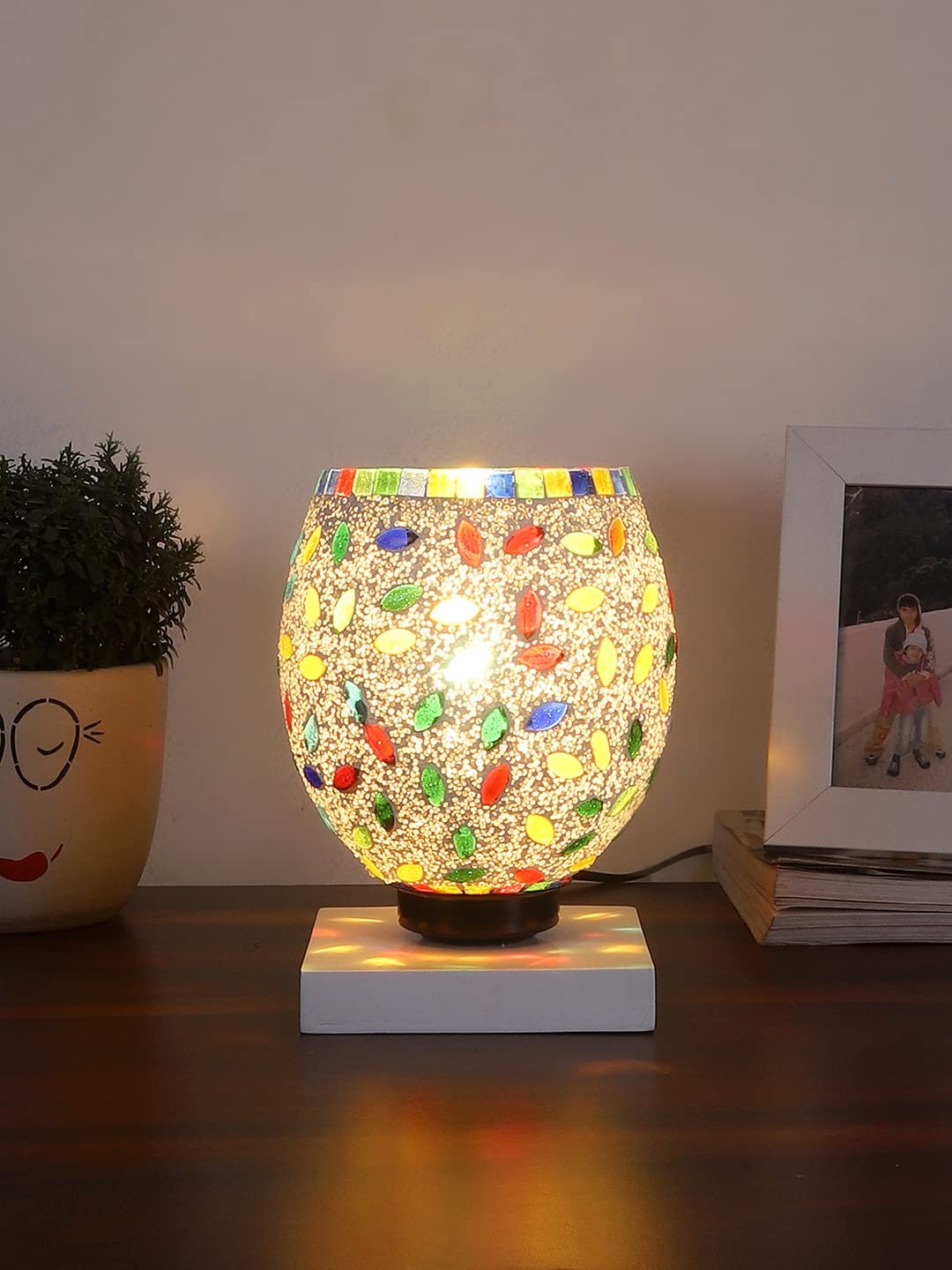 White Wood Square Table lamp with Mosaic Glass -FD37