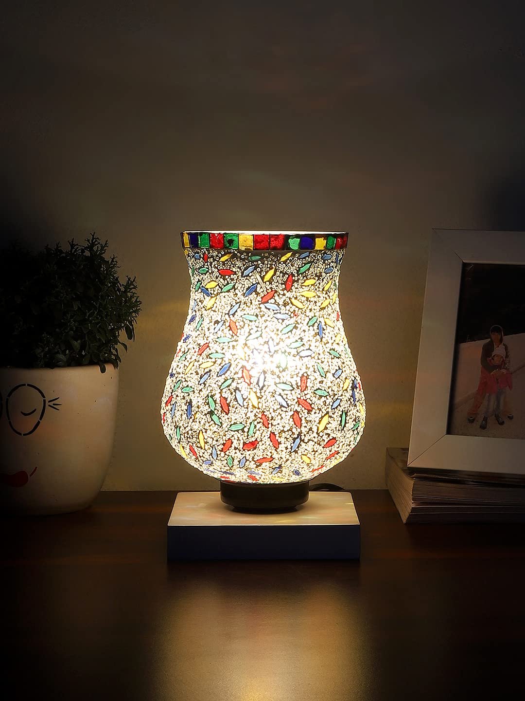 White Wood Square Table lamp with Mosaic Glass -FD38