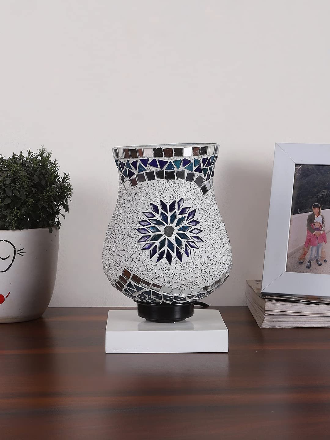 White Wood Square Table lamp with Mosaic Glass -FD39