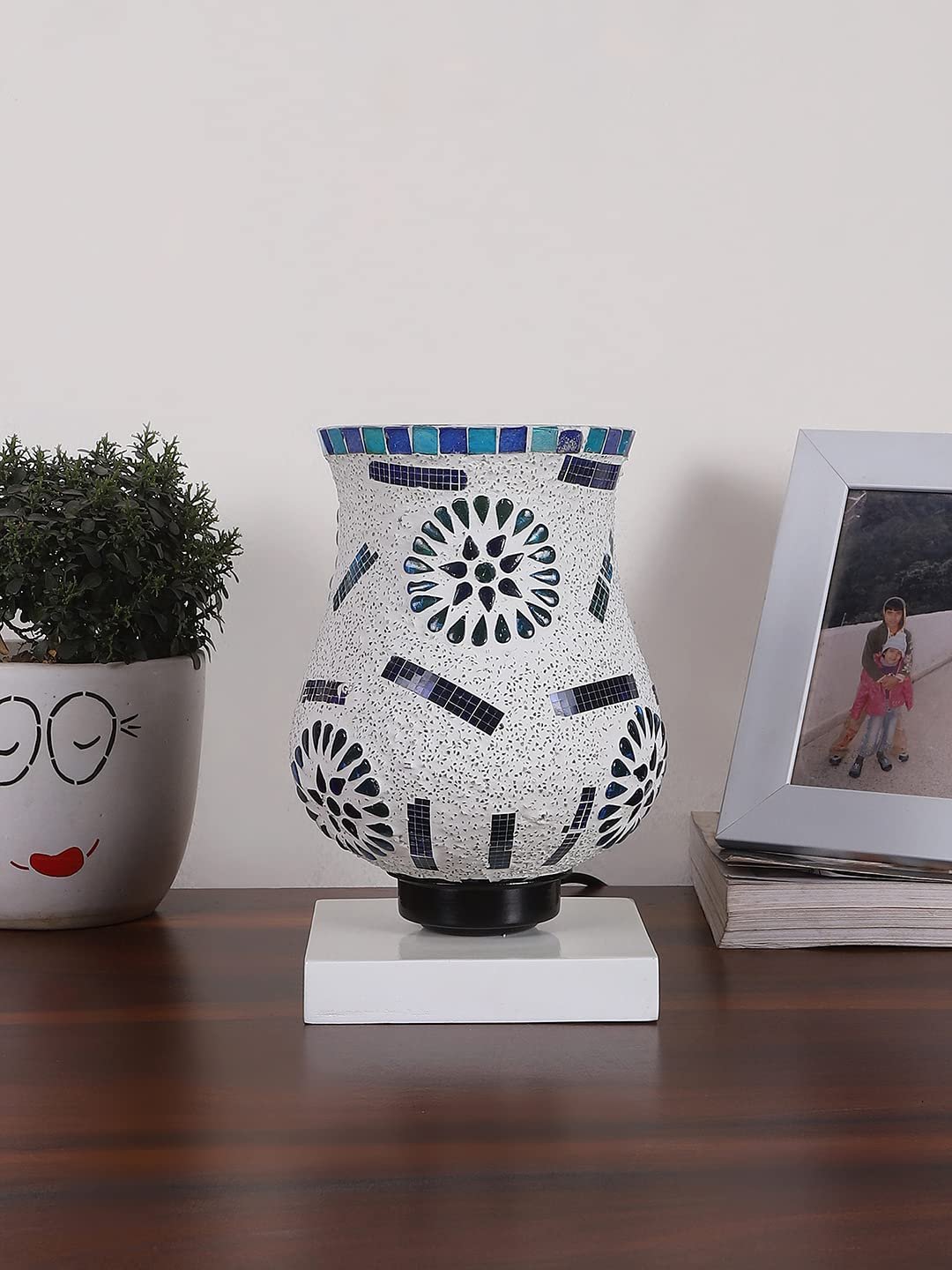 White Wood Square Table lamp with Mosaic Glass -FD42