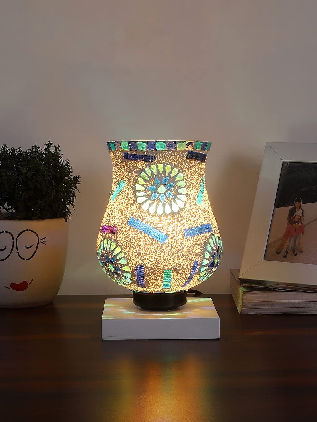 White Wood Square Table lamp with Mosaic Glass -FD42