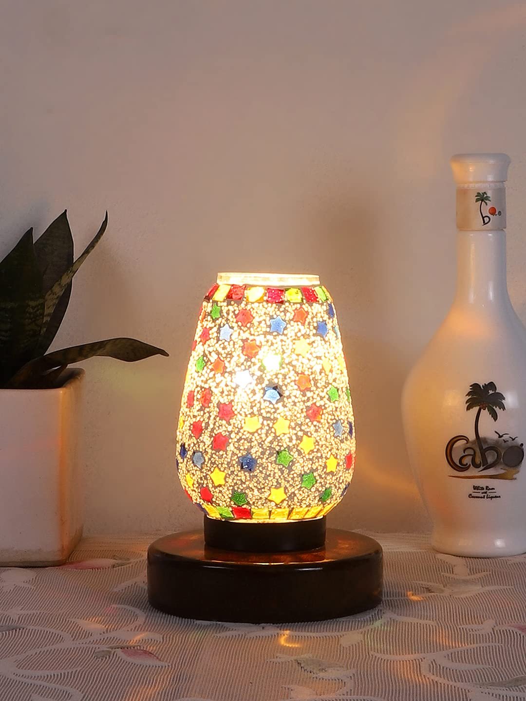 Brown Round Wood Multicolor Mosaic Glass Table Lamp -FD44
