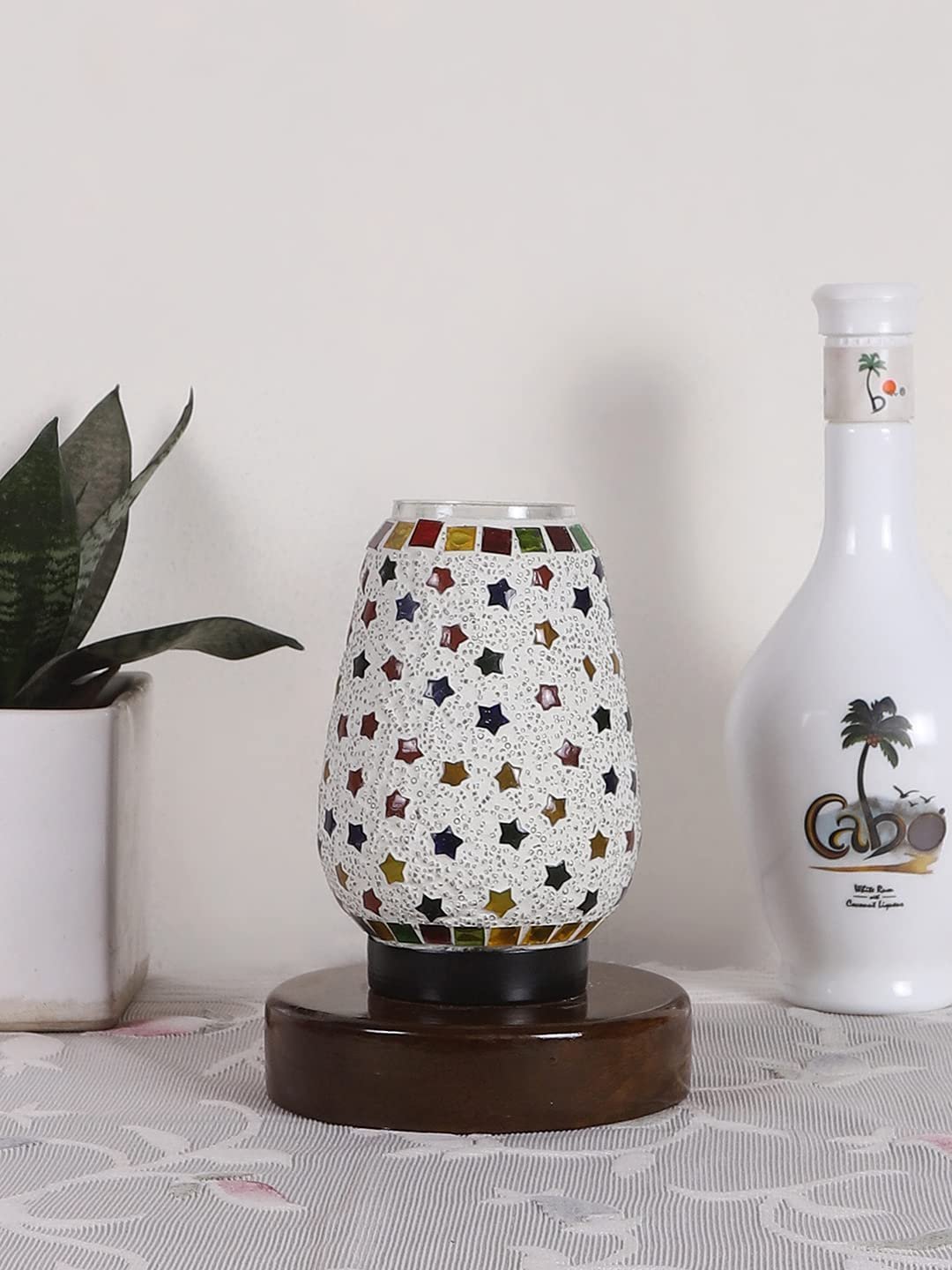 Brown Round Wood Multicolor Mosaic Glass Table Lamp -FD44