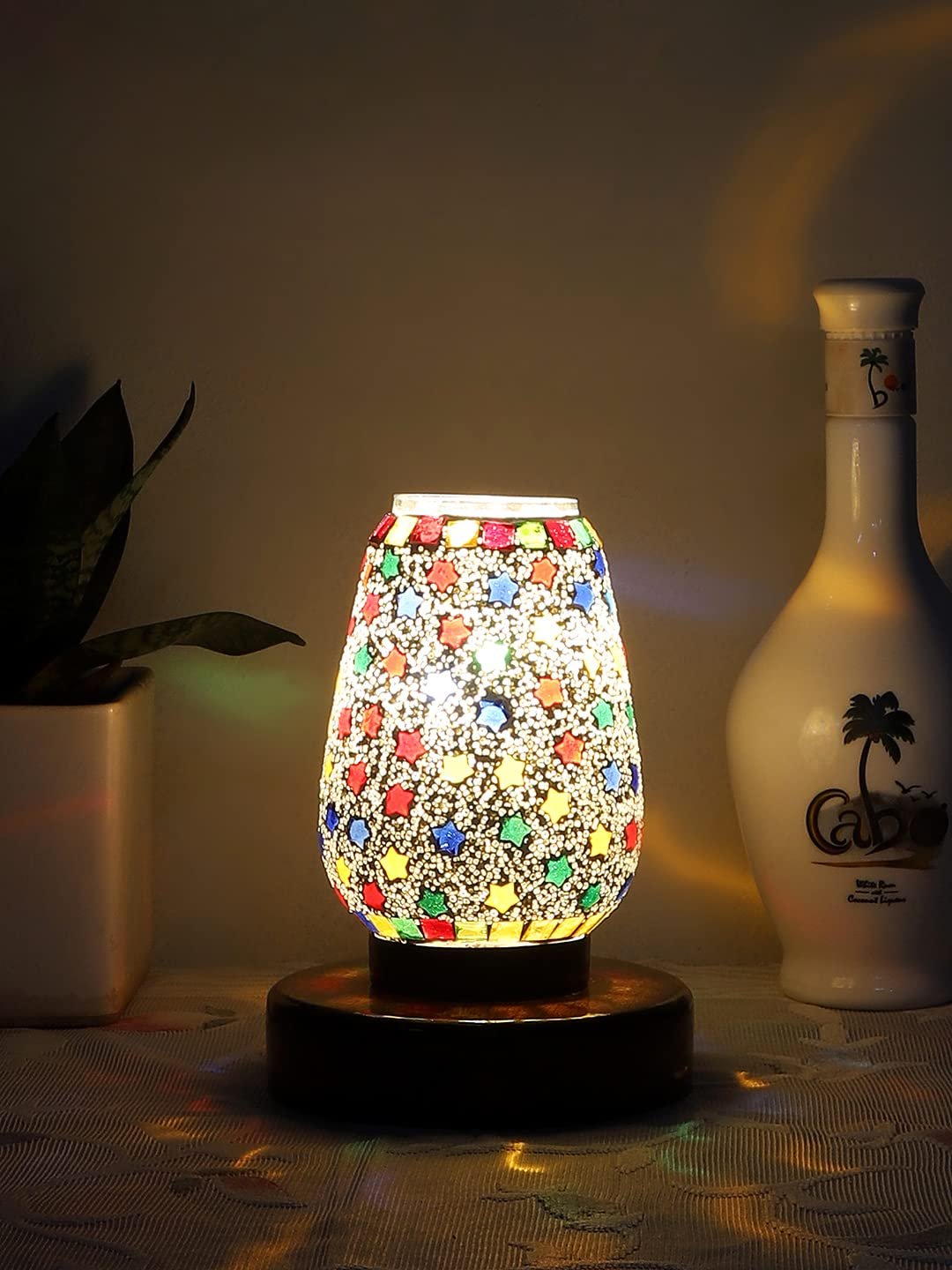 Brown Round Wood Multicolor Mosaic Glass Table Lamp -FD44