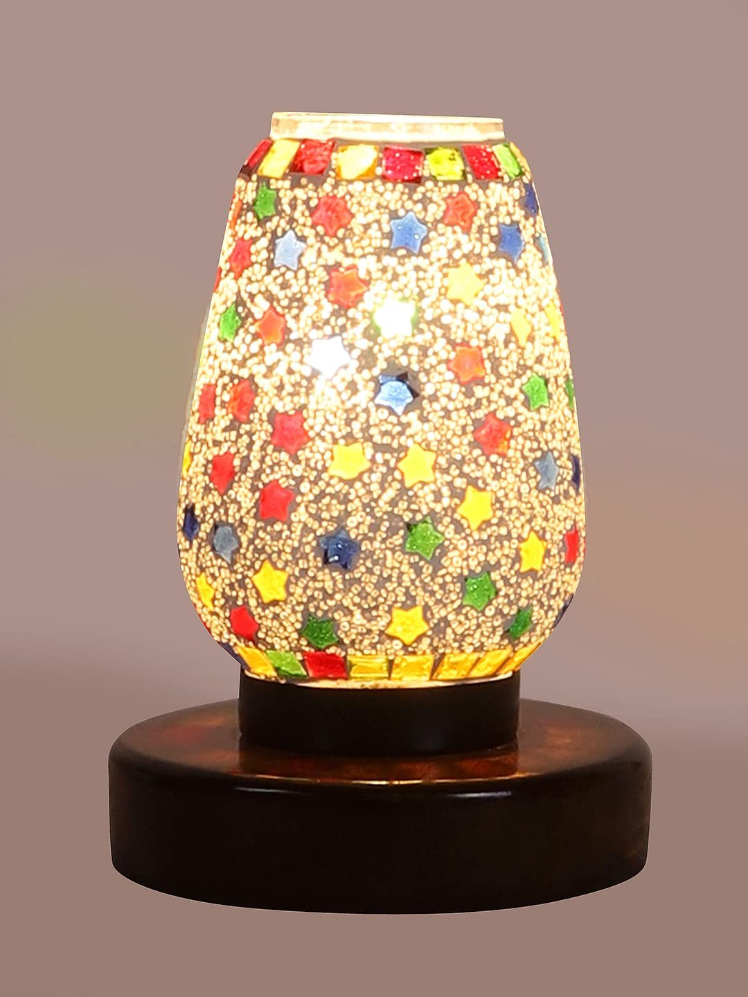 Brown Round Wood Multicolor Mosaic Glass Table Lamp -FD44